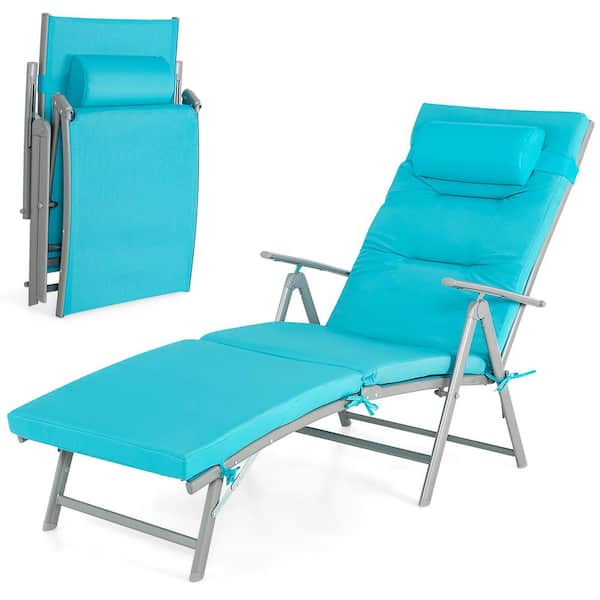 Gymax Folding Chaise Lounge Chair Recliner Adjustable Outdoor with Turquoise Cushion and Pillow