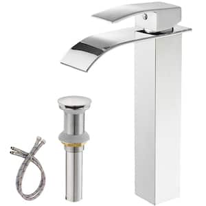 Waterfall Single Hole Single Handle Bathroom Vessel Sink Faucet With Pop-up Drain Assembly in Polished Chrome