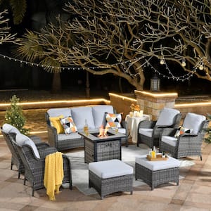 Erie Lake Gray 8-Piece Wicker Outdoor Patio Fire Pit Seating Sofa Set and with Gray Cushions