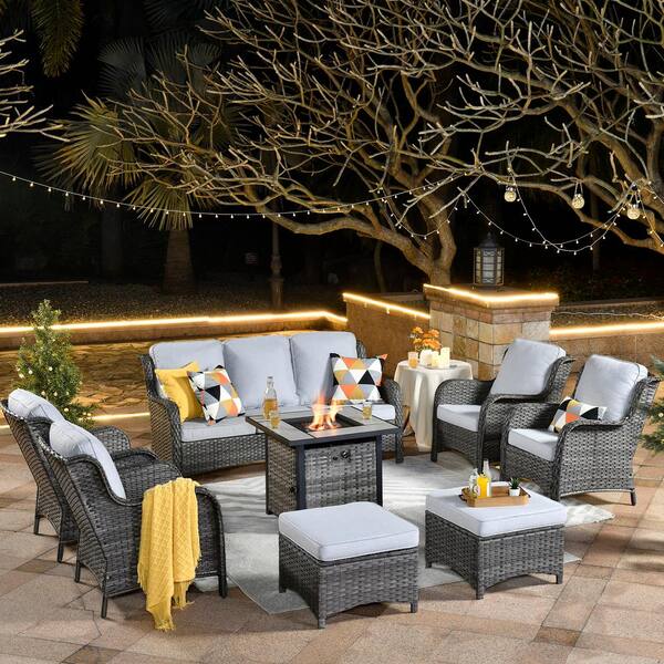 thumbnail image 2 of Grezone 8-Piece Gray Outdoor Patio Set With Fire Pit Table & Rattan Sofa – Modern 2 of 5