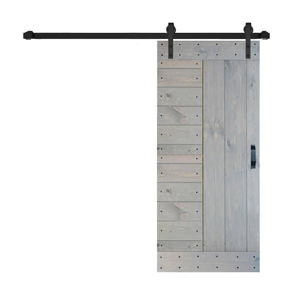 ISLIFE L Series 36 in. x 84 in. French Gray Finished Solid Wood Sliding Barn Door with Hardware Kit - Assembly Needed