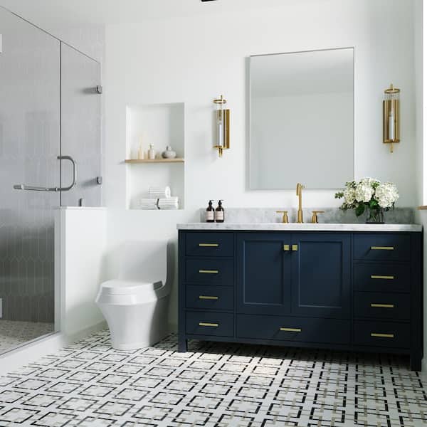 ARIEL Cambridge 61 in. W x 22 in. D Vanity in Midnight Blue with Marble ...