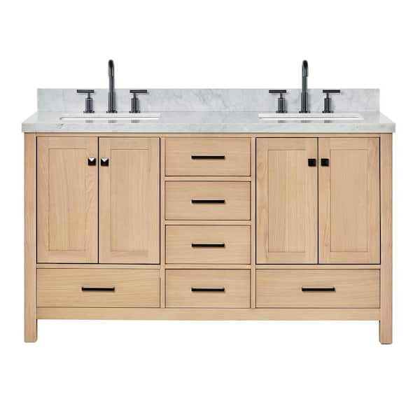 Cambridge 60 in. W x 22 in. D x 36 in. H Double Freestanding Bath Vanity in Oak with Italian Carrara Marble Top