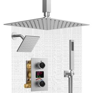 3-spray Dual Shower Head and Handheld Shower Head with LCD Temperature Display in Brushed Nickel(Valve Included)