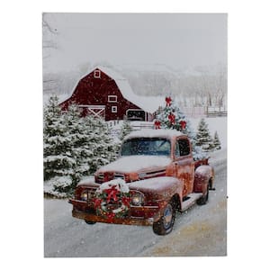 15.75 in. x 11.75 in. LED Lighted Fiber Optic Truck with Tree Christmas Canvas Wall Art