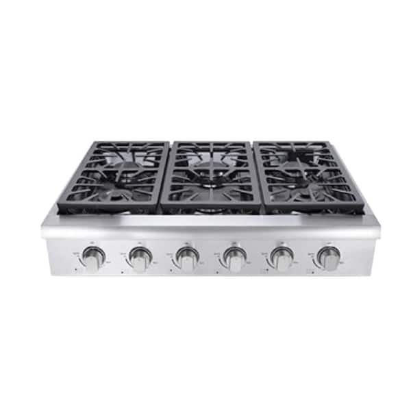 Hallman 36 in. Professional Gas Rangetop with 6 Sealed Burners, Porcelain-Coated Drip Pans, in Stainless Steel