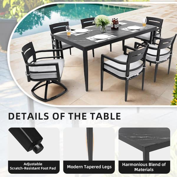 7-Piece Black Modern Aluminum Outdoor Dining Set with Rectangle Dining Table and Dining Chairs with Cast Cushions