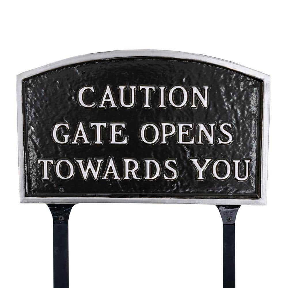 10 in. x 15 Standard Arch Caution Gate Opens Towards You Statement Plaque Sign with Lawn Stakes - Black/Silver price history on PriceWatchPro