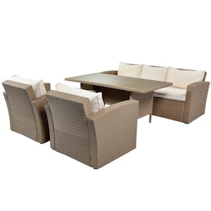 4-Piece Wicker Outdoor Furniture Sectional Set with Beige Cushions