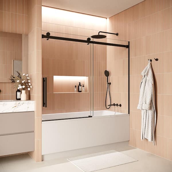 Streamline Maira 60 in. W x 58 in. H Sliding Bathtub Door, CrystalTech Treated 5/16 in. Tempered Clear Glass, Matte Black Hardware