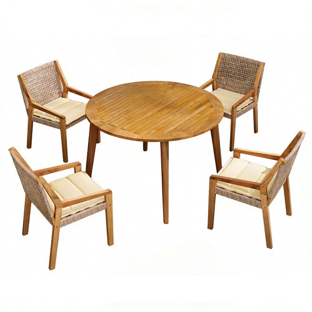 5-Piece Premium Acacia Wood Outdoor Dining Set with Beige Cushion (1 Round Table + 4 Chairs)