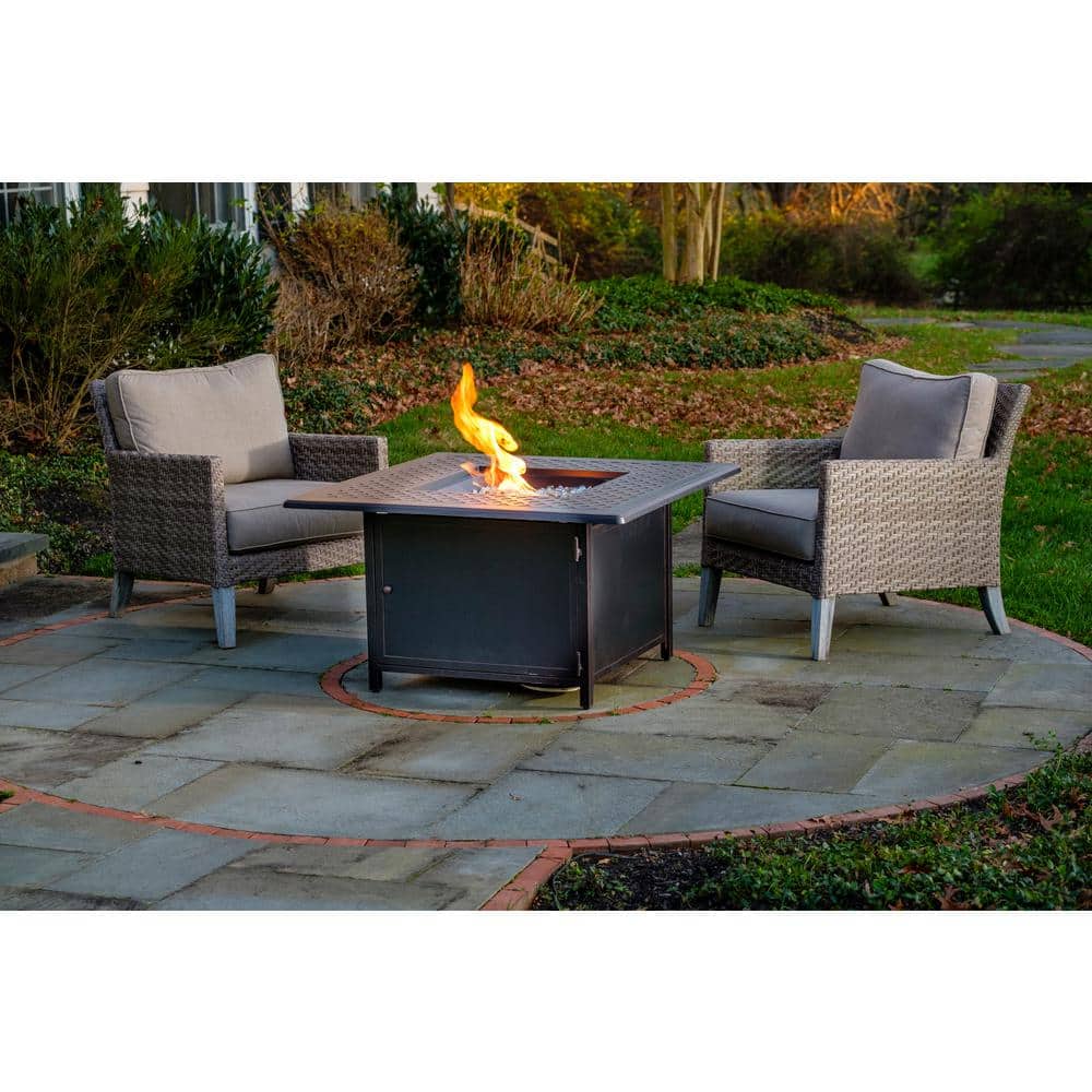 Heron 42" Square Black Gas Fire Pit Table with Clear Glass Beads