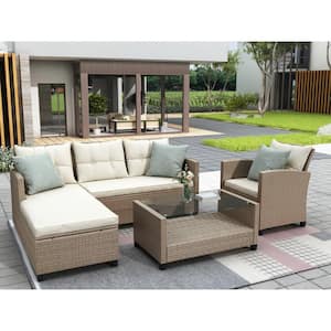 Light Brown 4-Piece Wicker Outdoor Sectional with Beige Cushions