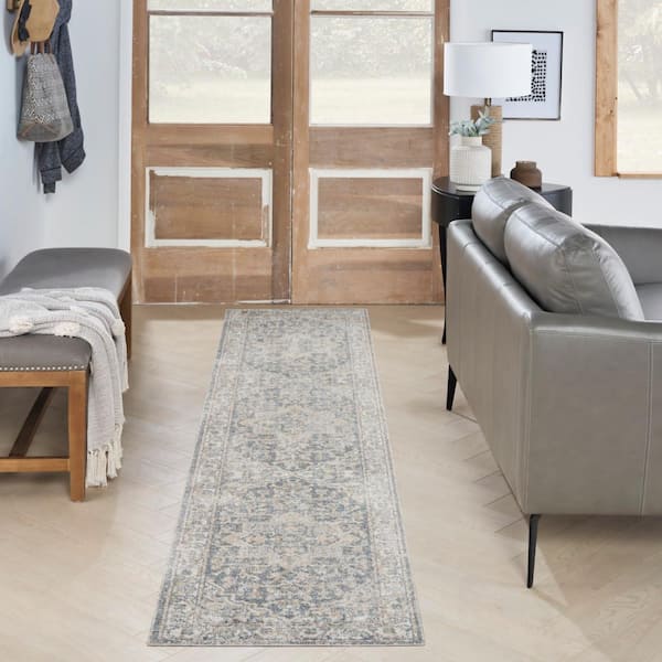 Astra Machine Washable Grey Blue 2 ft. x 12 ft. Distressed Traditional Runner Area Rug