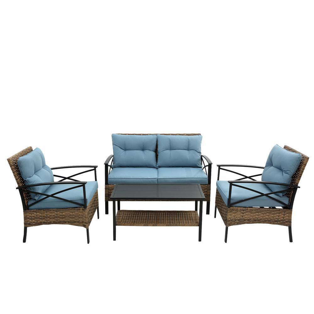 4-Piece Brown PE Rattan Wicker Patio Conversation Set with Blue Cushions and Coffee Table price history on PriceWatchPro