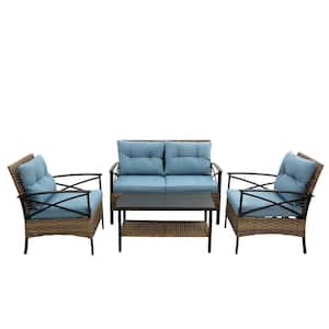 4-Piece Brown PE Rattan Wicker Patio Conversation Set with Blue Cushions and Coffee Table