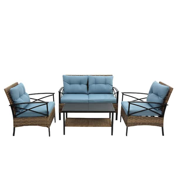 HOMEFUN 4-Piece Brown PE Rattan Wicker Patio Conversation Set with Blue Cushions and Coffee Table