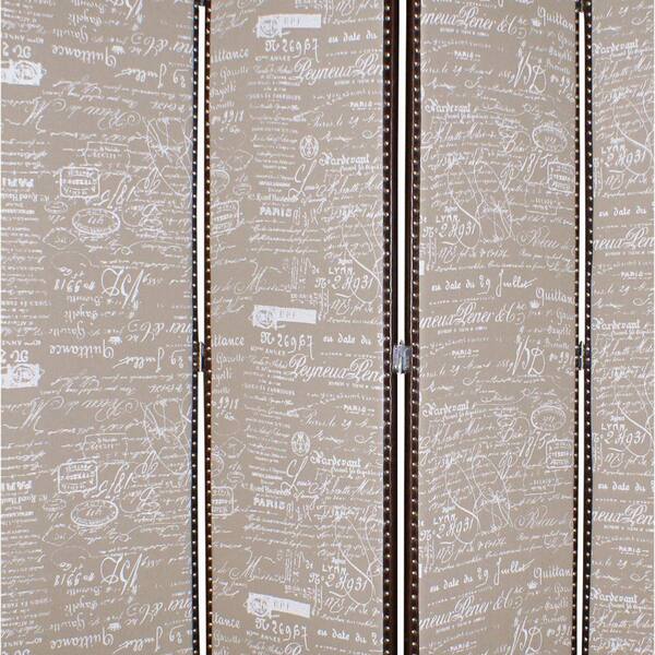 Benjara Beige and Brown 3-Panel Scripted Fabric Wooden Scalloped