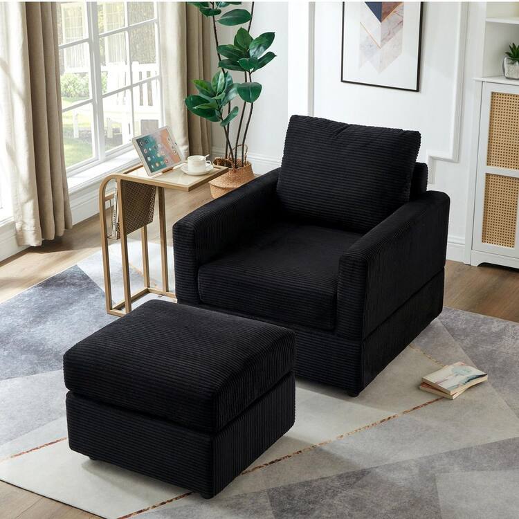 Noble House Gael Black Corduroy Upholstered Accent Chair with Ottoman