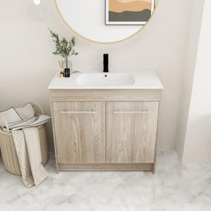 Anky 35.6 in. W x 18.1 in. D x 33.8 in. H Single Sink Bath Vanity in White Oak with White Gel Top