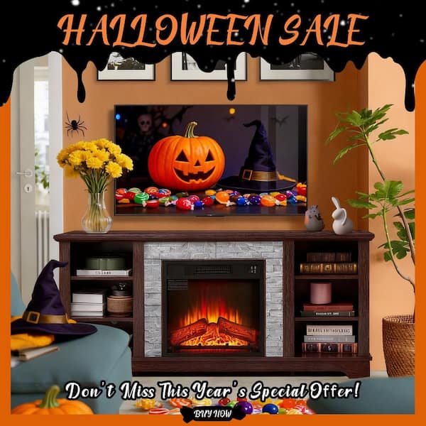 58 in. W Freestanding Wooden Modern Electric Fireplace TV Stand with Faux Stacked Stone Surround in Cherry