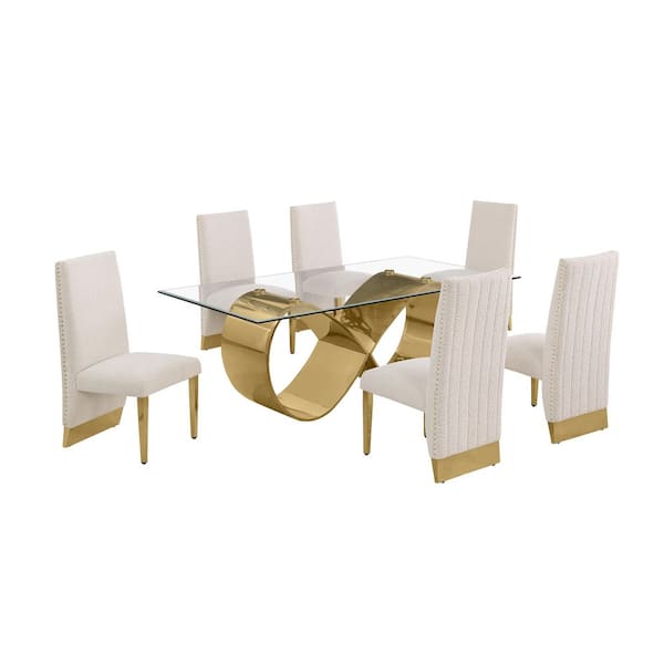 Best Quality Furniture Garrett 7-Piece Clear Tempered Glass Top with Gold Stainless Steel Base Dining Set with 6 Cream Chairs