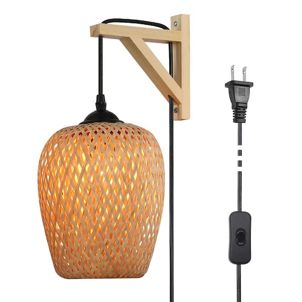 Zompoo Kitchen Island 6.7 in. 1 Light Wood Base Plug in Wall Sconces with Bamboo Shade, Rustic Adjustable Height Wall Lamp