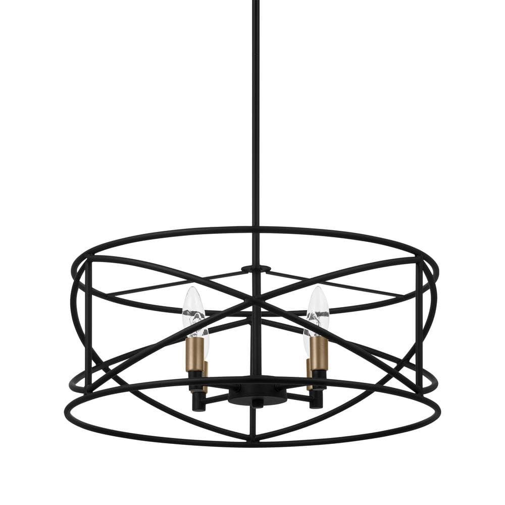 Hampton Bay Hastings 4-Light Matte Black Industrial Caged Drum Chandelier