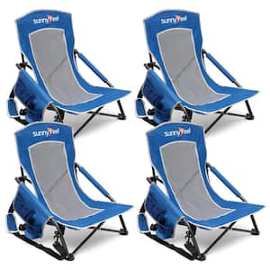 4-Piece Blue Metal Patio Folding Beach Chair Lawn Chair Camping Chair with Side Pockets and Built-in Shoulder Strap