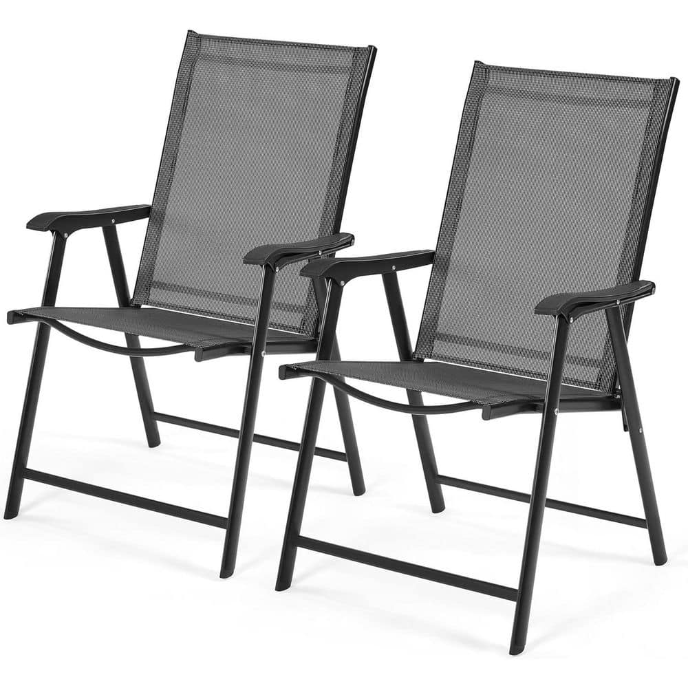 Folding Iron Outdoor Dining Chair in Black (Set of 2) with Armrest