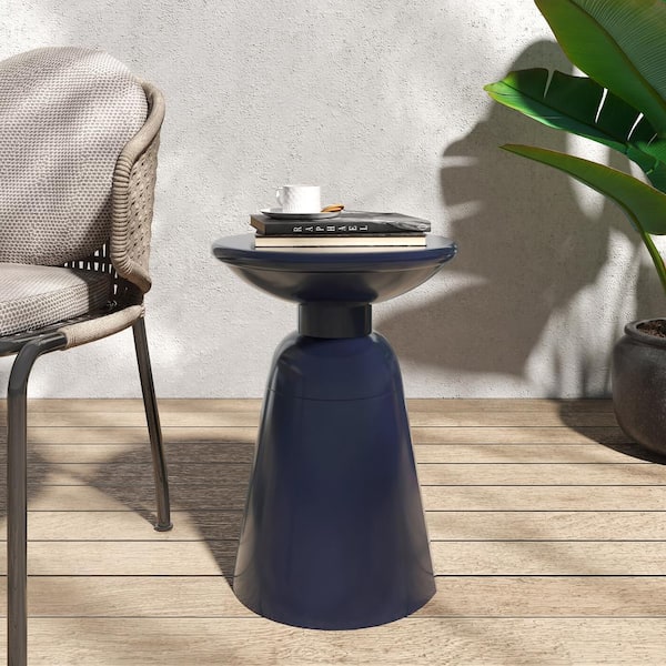 Navy Blue Metal Outdoor End Table Side Table, Large 15 in. Round
