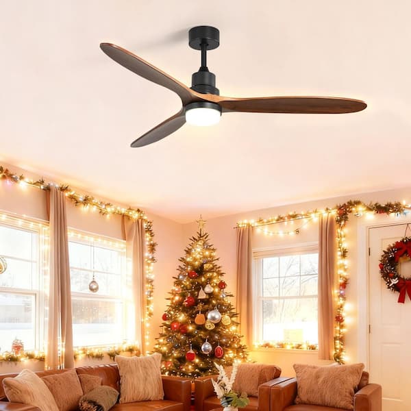 60 in. Indoor/Outdoor Integrated LED Solid Wood Black Ceiling Fan with Light, 6-Speed DC Motor and Remote Included