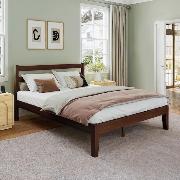 Mid Century Pine Walnut Brown Solid Wood Frame Full Size Platform Bed with Headboard