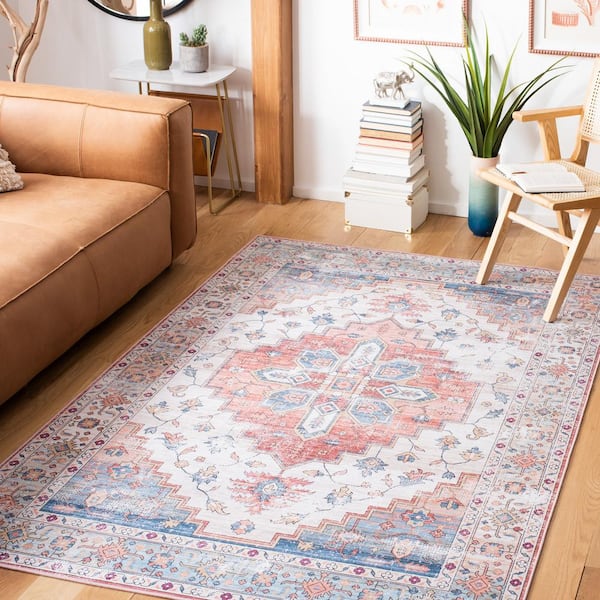 Tuscon Beige/Blue 5 ft. x 5 ft. Machine Washable Distressed Medallion Square Area Rug