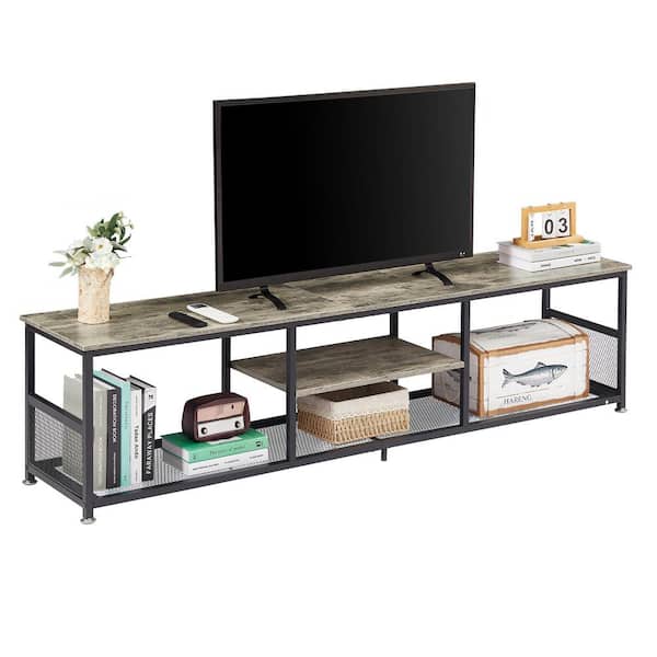 VECELO Industrial TV Stand for Televisions up to 80 in. 70 in. TV Console with Open Storage Shelves 3-Tiers Console Table, Gray