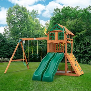 DIY Outing III Wooden Outdoor Playset with Wood Roof, 2 Wave Slides, Sandbox Area, and Backyard Swing Set Accessories