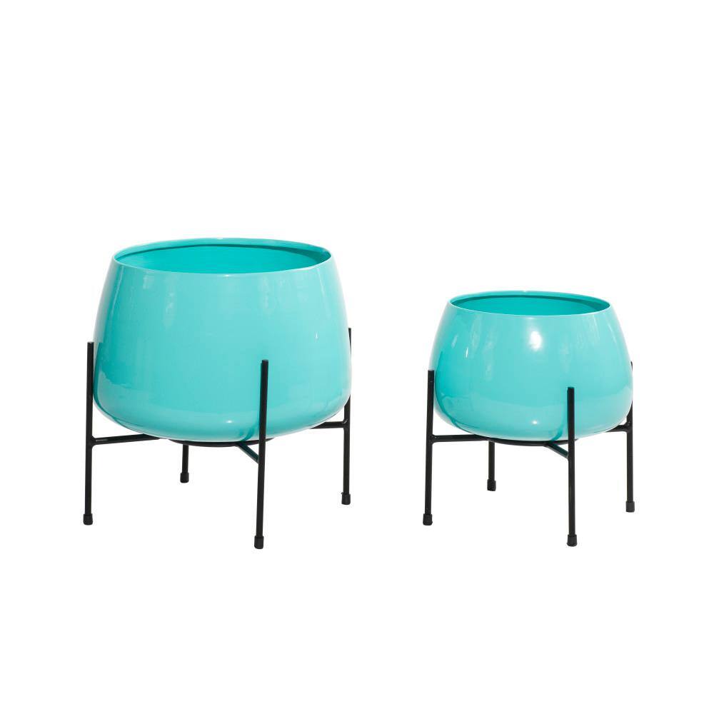 Teal Polished Metal Indoor/Outdoor Floor Planter Set with Black Stands