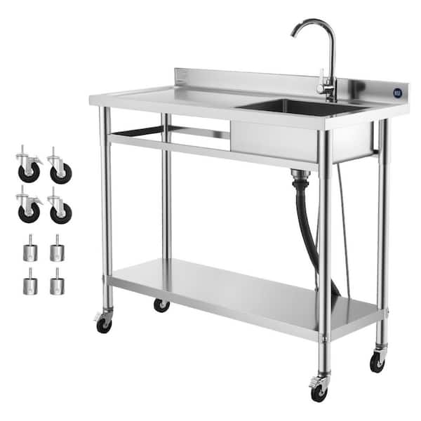 Stainless Steel Utility Sink, Single Bowl Kitchen Sink w/ Wheels, Faucet & Hot/Cold Water Pipe, 47.2 x 19.7 x 41.5 in.