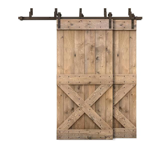 CALHOME 40 in. x 84 in. Mini X-Bypass Light Brown Stained DIY Solid Wood Interior Double Sliding Barn Door with Hardware Kit