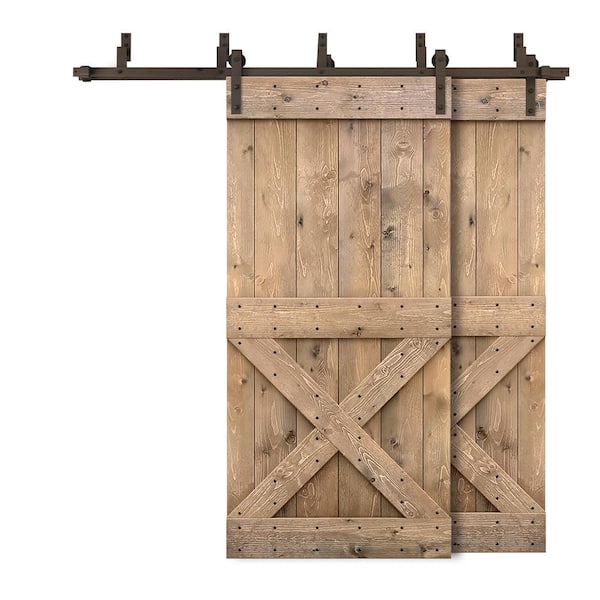 CALHOME 72 in. x 84 in. Mini X-Bypass Light Brown Stained DIY Solid Wood Interior Double Sliding Barn Door with Hardware Kit
