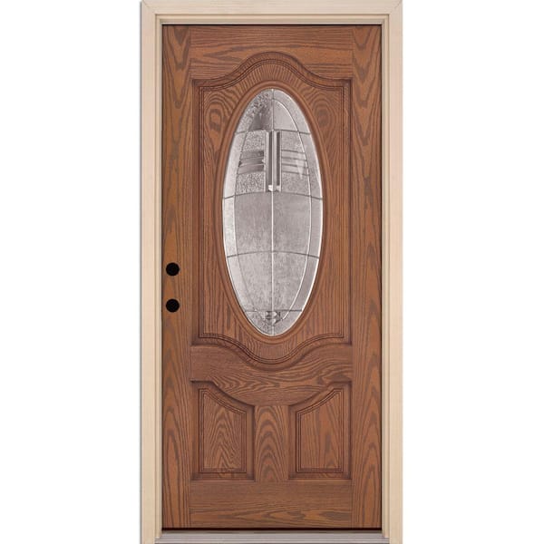 Feather River Doors 37.5 in. x 81.625 in. Rochester Zinc 3/4 Oval Stained Medium Oak Right-Hand in Fiberglass Prehung Front Door
