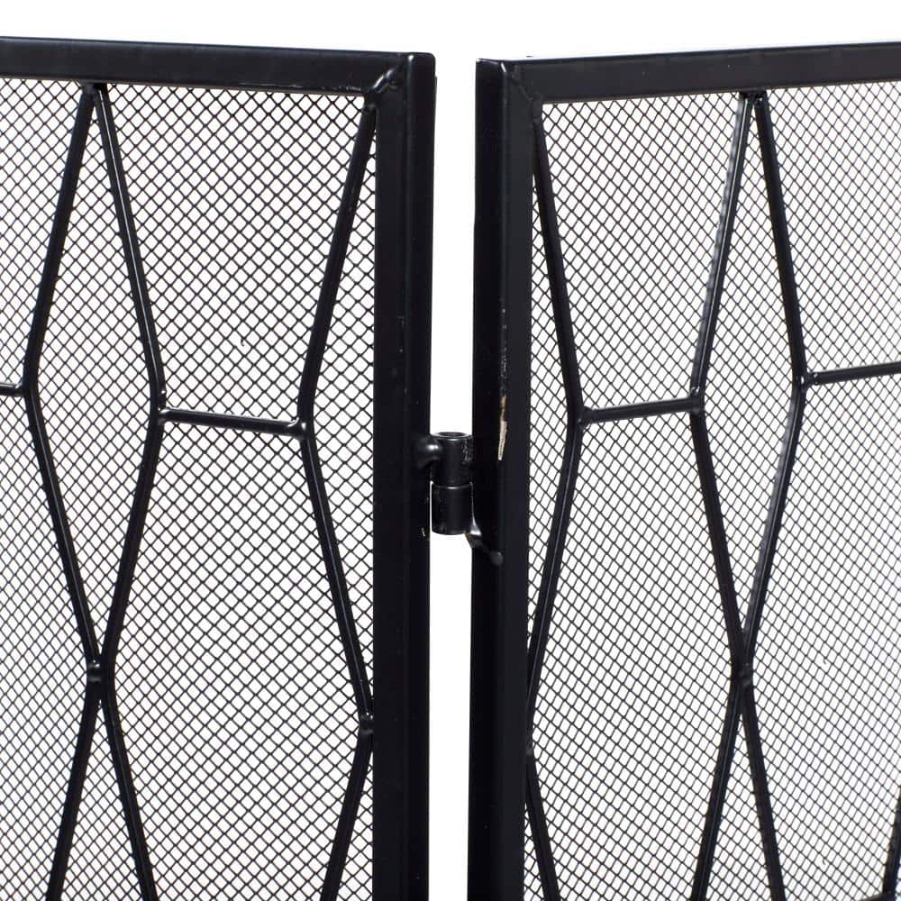 Black Geometric Iron Mesh Three-Panel Foldable Fireplace Screen