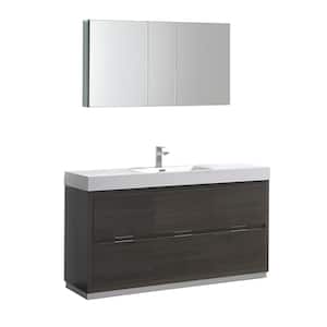 Valencia 60 in. W Vanity in Gray Oak with Acrylic Vanity Top in White with White Basin and Medicine Cabinet