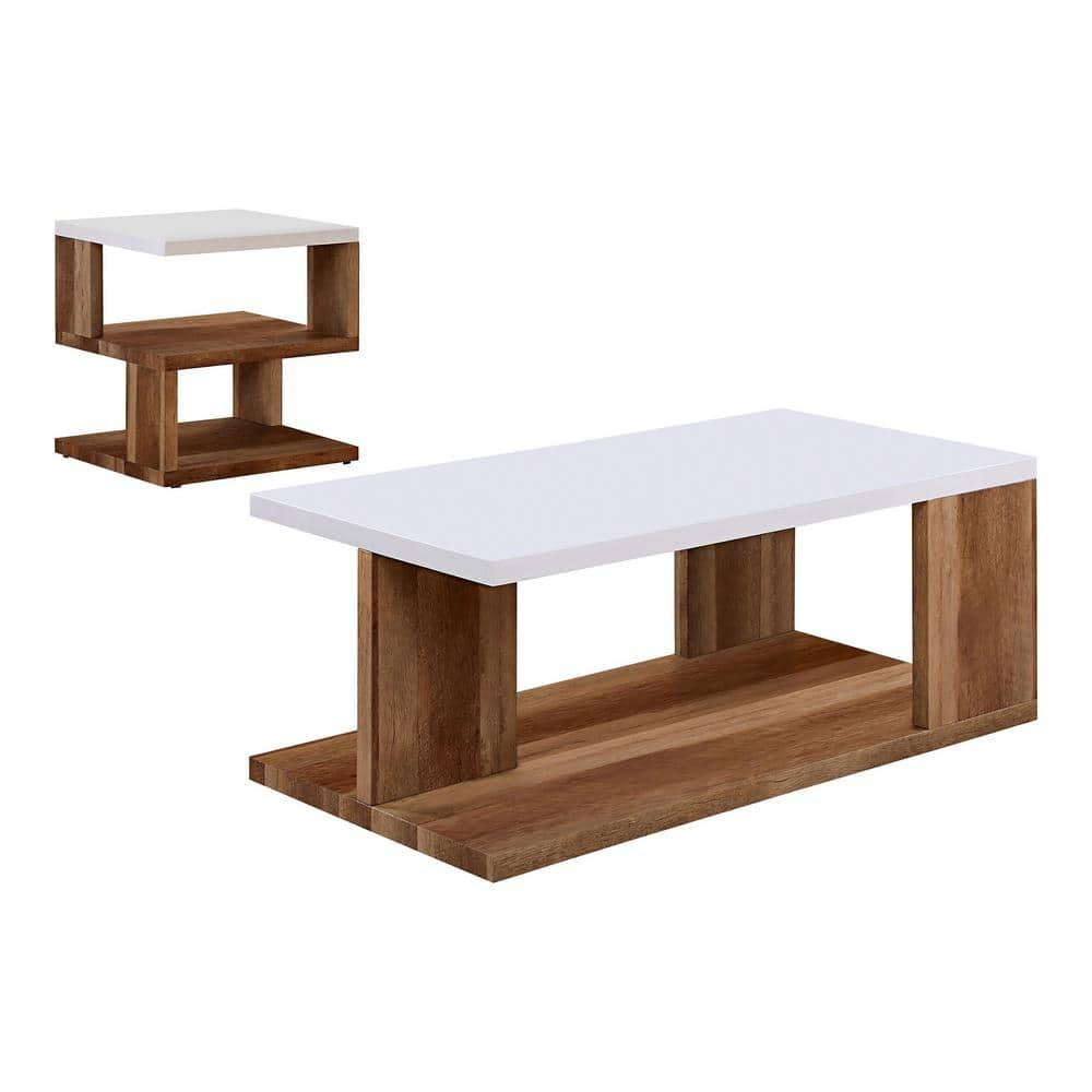 Hyatt 2-Piece 47.25 in. White and Natural Rectangle Composite Coffee Table Set -  Furniture of America, IDF-4496-2PC