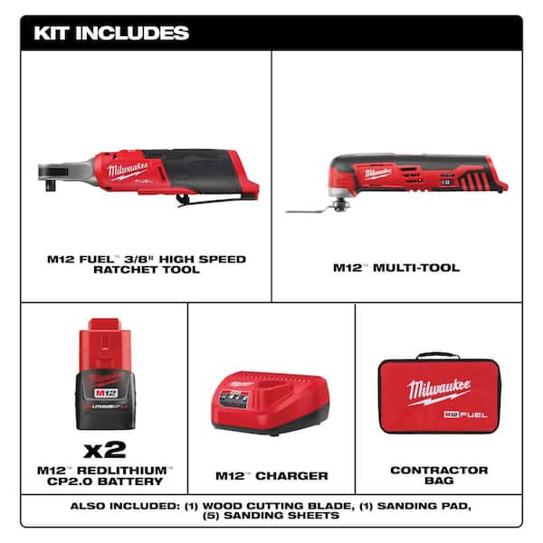 M12 FUEL 12V Lithium-Ion Brushless High Speed 3/8 in. Cordless Ratchet Kit w/(2) Batteries, Charger, Bag & Multi-Tool