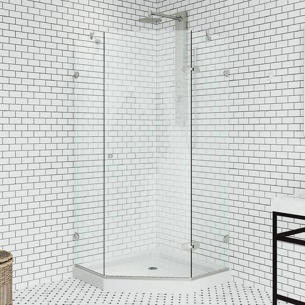 VIGO Verona 38 in. L x 38 in. W x 77 in. H Frameless Pivot Neo-angle Shower Enclosure Kit in Brushed Nickel with Clear Glass
