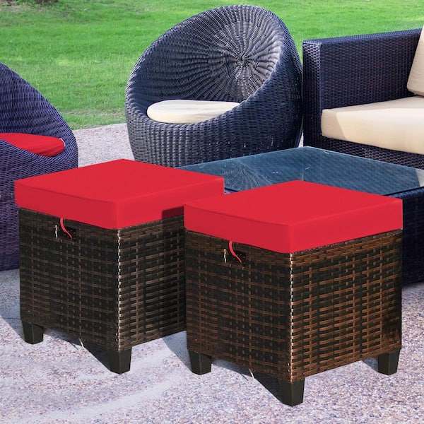 Unbranded Mix Brown Wicker Outdoor Ottoman with Red Cushion (2-Pack)