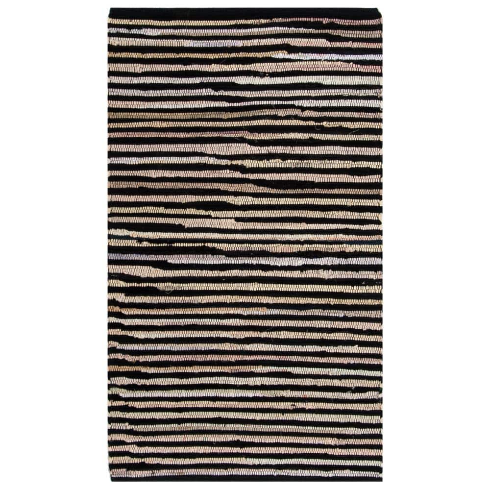 Black and Beige Striped Handwoven Wool Cotton Rug