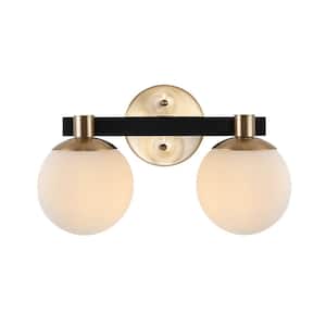 Modernist Globe 15.25 in. 2-Light Brass Gold/Black Metal Modern Contemporary LED Vanity Light with Frosted Glass