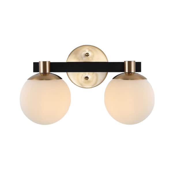 Modernist Globe 15.25 in. 2-Light Brass Gold/Black Metal Modern Contemporary LED Vanity Light with Frosted Glass